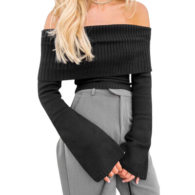 Sieviešu džemperi Trikotāžas Topi Pavasara Rudens Apģērbi 2000. gadu slaidi plecu topi ar garām piedurknēm Sieviešu apģērbi Ielu apģērbi