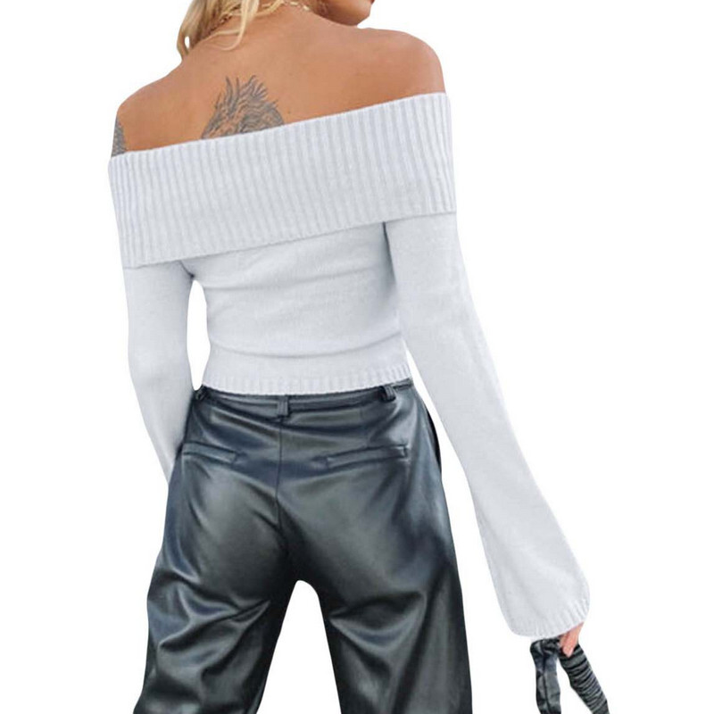 Sieviešu džemperi Trikotāžas Topi Pavasara Rudens Apģērbi 2000. gadu slaidi plecu topi ar garām piedurknēm Sieviešu apģērbi Ielu apģērbi