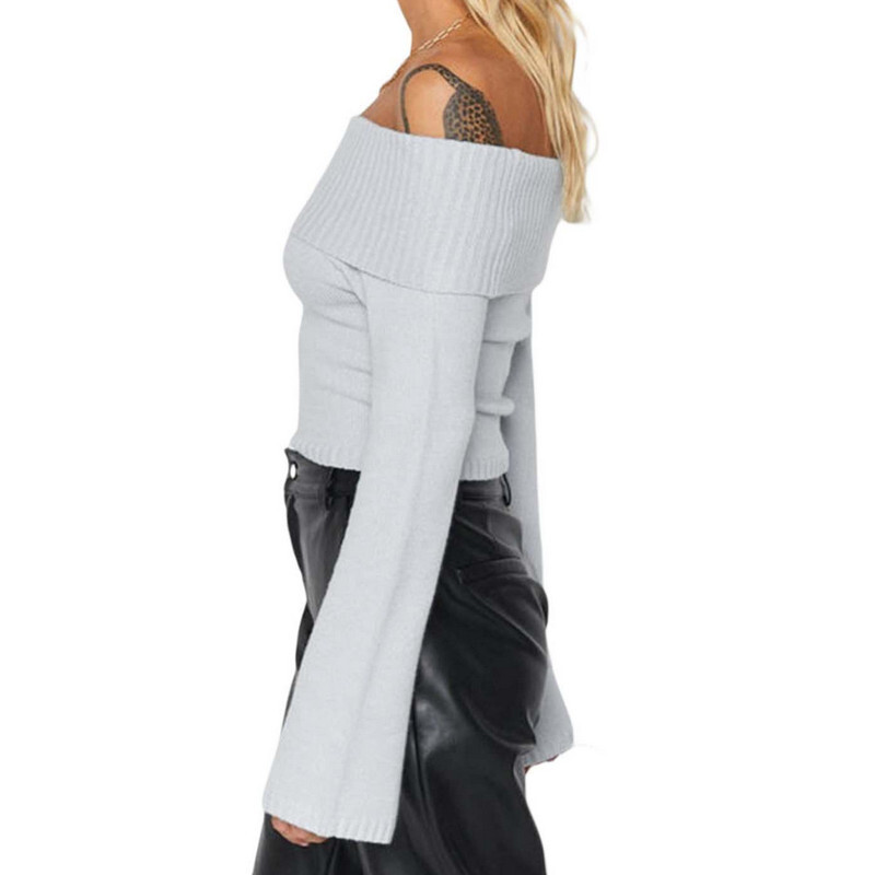 Sieviešu džemperi Trikotāžas Topi Pavasara Rudens Apģērbi 2000. gadu slaidi plecu topi ar garām piedurknēm Sieviešu apģērbi Ielu apģērbi