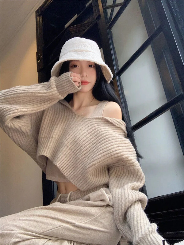 Y2k estetic Grunge pulover pentru femei cu umăr dezactivat, îmbrăcăminte de stradă, cu mânecă lungă, pulover, solid, casual, decupat, tricotat, pentru femeie