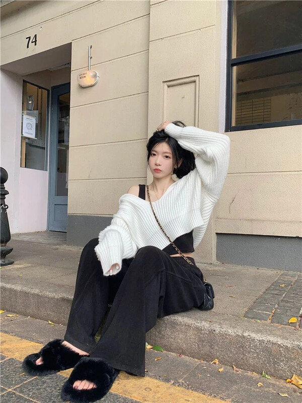 Y2k estetic Grunge pulover pentru femei cu umăr dezactivat, îmbrăcăminte de stradă, cu mânecă lungă, pulover, solid, casual, decupat, tricotat, pentru femeie