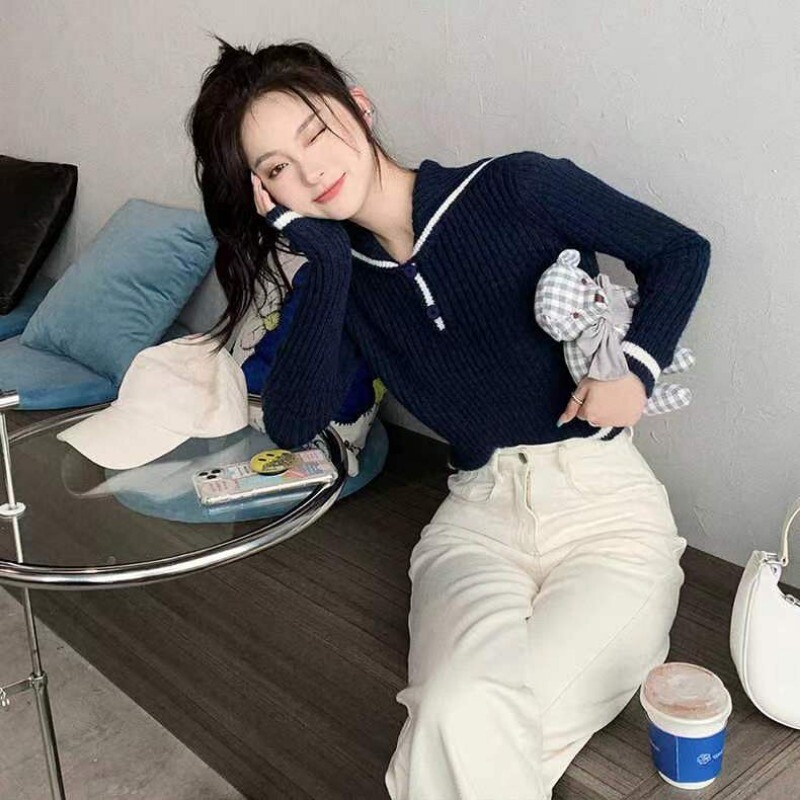 Puloveri Sieviešu jūrnieku apkakle ar apgrieztu augstu vidukli ar garām piedurknēm Trikotāža Rudens Ziemas Korejas modes Virsdrēbes Džemperi