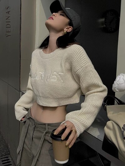 Yedinas Streetwear imprimeu litere crop top pulover femei topuri tricotate pulovere decupate toamna 2023 vintage moda coreeană pulovere