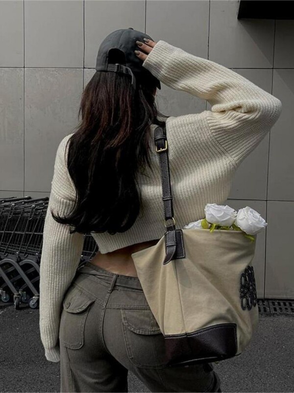 Yedinas Streetwear Skraćeni gornji pulover s printom slova Ženske pletene majice Skraćeni puloveri Jesen 2023. Vintage korejski modni džemper