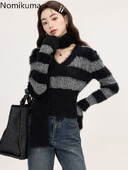 Γυναικεία Ρούχα Cropped πουλόβερ Sueter Mujer με λαιμόκοψη V με μακρυμάνικο χιτώνιο Pull Femme Casual Fashion Πλεκτό πουλόβερ με ριγέ μπλούζες