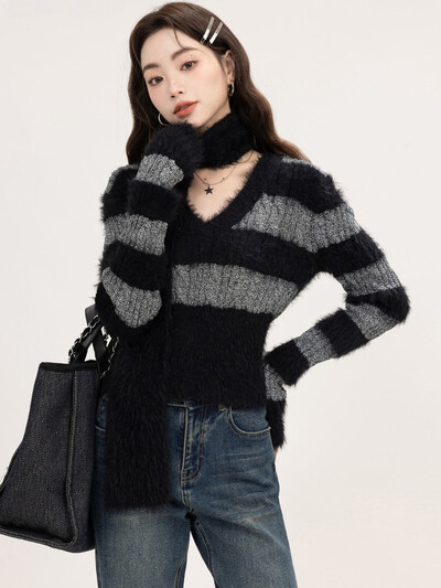 Γυναικεία Ρούχα Cropped πουλόβερ Sueter Mujer με λαιμόκοψη V με μακρυμάνικο χιτώνιο Pull Femme Casual Fashion Πλεκτό πουλόβερ με ριγέ μπλούζες