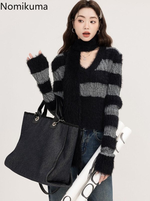 Γυναικεία Ρούχα Cropped πουλόβερ Sueter Mujer με λαιμόκοψη V με μακρυμάνικο χιτώνιο Pull Femme Casual Fashion Πλεκτό πουλόβερ με ριγέ μπλούζες