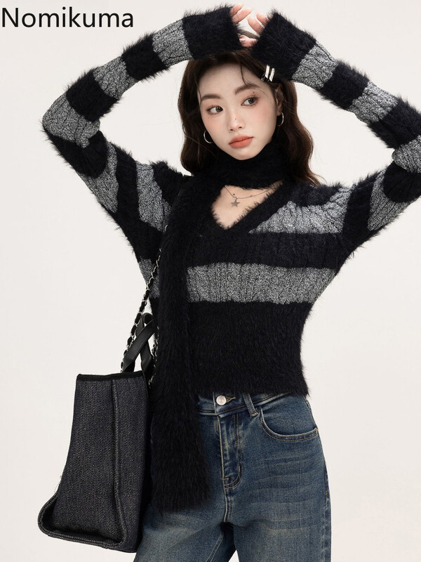 Γυναικεία Ρούχα Cropped πουλόβερ Sueter Mujer με λαιμόκοψη V με μακρυμάνικο χιτώνιο Pull Femme Casual Fashion Πλεκτό πουλόβερ με ριγέ μπλούζες