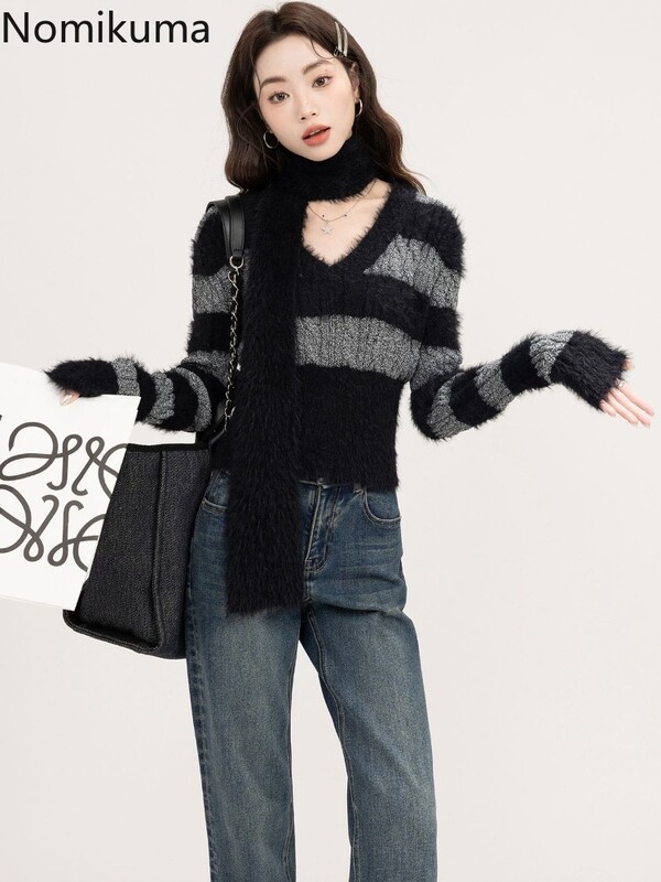 Γυναικεία Ρούχα Cropped πουλόβερ Sueter Mujer με λαιμόκοψη V με μακρυμάνικο χιτώνιο Pull Femme Casual Fashion Πλεκτό πουλόβερ με ριγέ μπλούζες