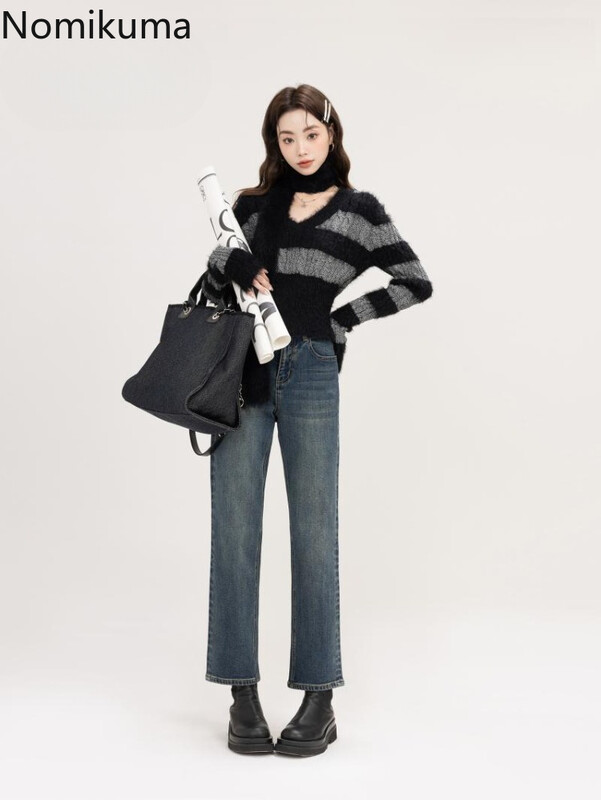 Γυναικεία Ρούχα Cropped πουλόβερ Sueter Mujer με λαιμόκοψη V με μακρυμάνικο χιτώνιο Pull Femme Casual Fashion Πλεκτό πουλόβερ με ριγέ μπλούζες