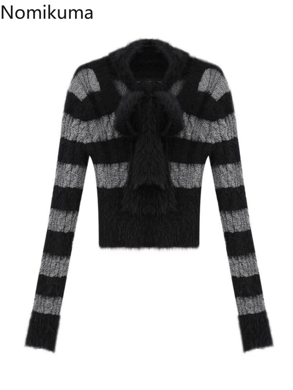 Γυναικεία Ρούχα Cropped πουλόβερ Sueter Mujer με λαιμόκοψη V με μακρυμάνικο χιτώνιο Pull Femme Casual Fashion Πλεκτό πουλόβερ με ριγέ μπλούζες