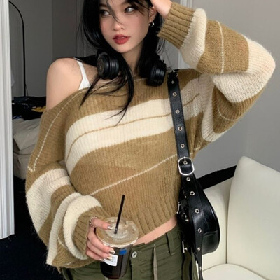 Sieviešu moderns, kontrastkrāsu svītrains, elegants, seksīgs apgriezts džemperis, Y2K ielas apģērbs sievietēm ar garām piedurknēm, džemperis ar džemperi
