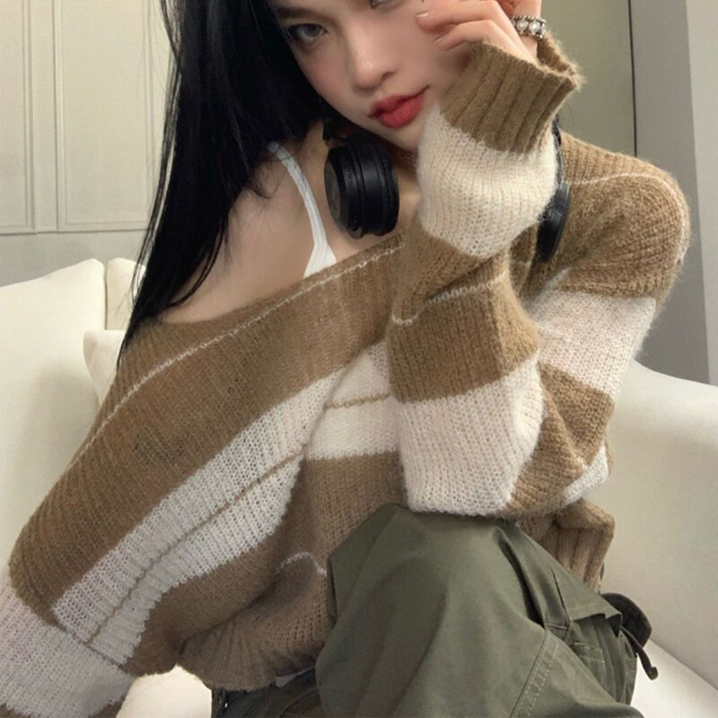 Sieviešu moderns, kontrastkrāsu svītrains, elegants, seksīgs apgriezts džemperis, Y2K ielas apģērbs sievietēm ar garām piedurknēm, džemperis ar džemperi