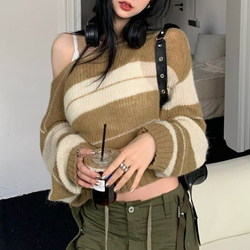 Sieviešu moderns, kontrastkrāsu svītrains, elegants, seksīgs apgriezts džemperis, Y2K ielas apģērbs sievietēm ar garām piedurknēm, džemperis ar džemperi
