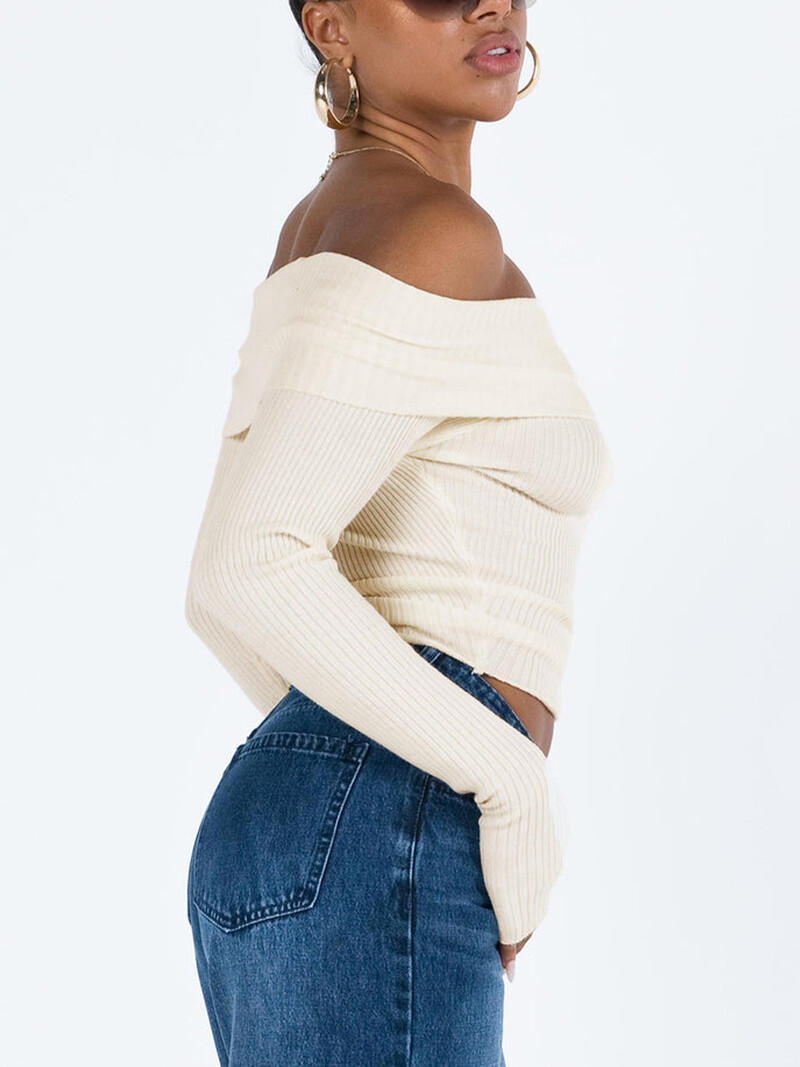 Topuri decupate cu umăr deschis pentru femei, culoare uni, cu nervuri, gât barca, mânecă lungă, tricotaje pentru buric