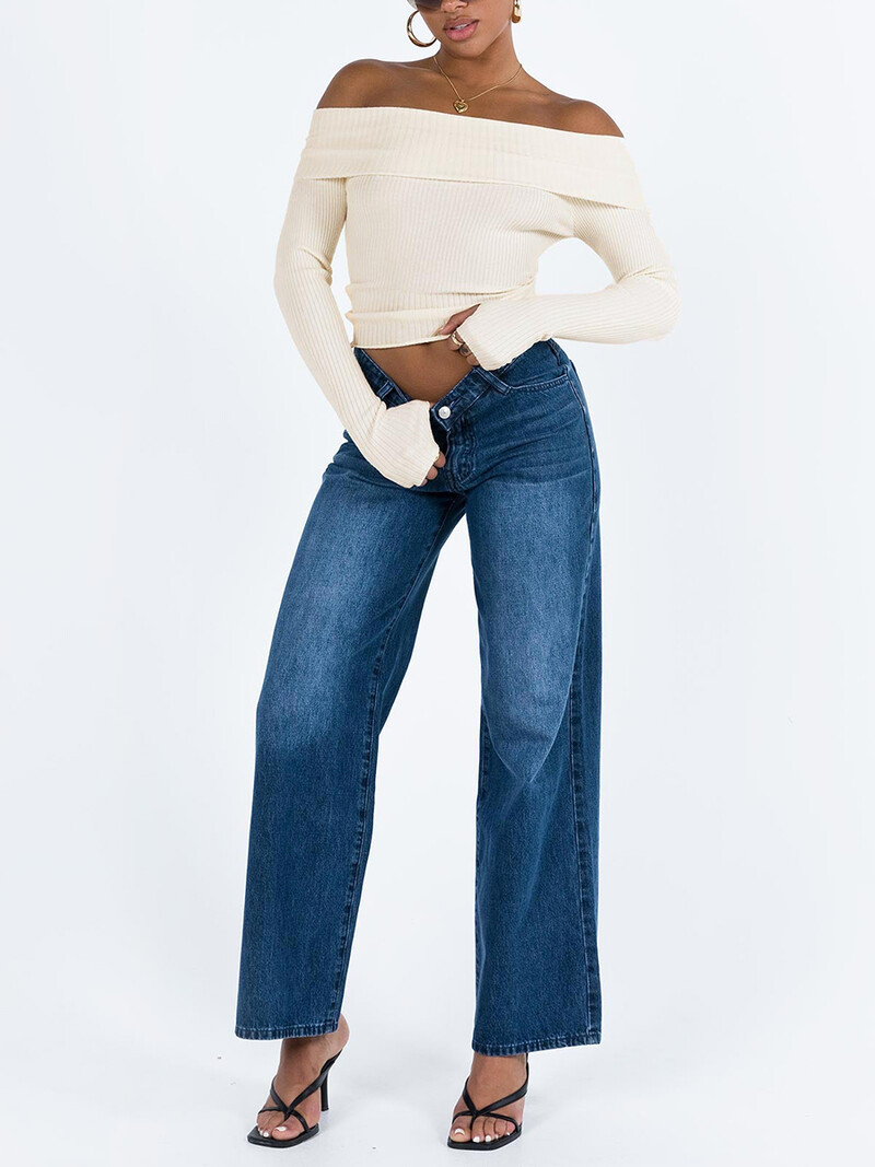 Topuri decupate cu umăr deschis pentru femei, culoare uni, cu nervuri, gât barca, mânecă lungă, tricotaje pentru buric