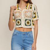 Vecmāmiņas kvadrātveida tamborēta augšdaļa ar pogām priekšpusē ar īsām piedurknēm polo apkakle, caurspīdīga, atvērta adīta Crop jaciņa sieviešu pusaudzes boho vintage apģērbs