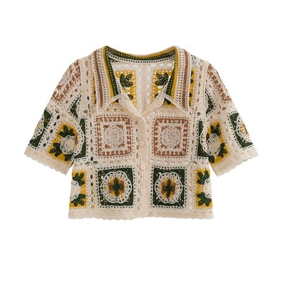 Vecmāmiņas kvadrātveida tamborēta augšdaļa ar pogām priekšpusē ar īsām piedurknēm polo apkakle, caurspīdīga, atvērta adīta Crop jaciņa sieviešu pusaudzes boho vintage apģērbs