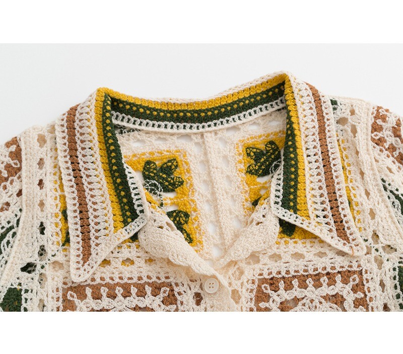 Vecmāmiņas kvadrātveida tamborēta augšdaļa ar pogām priekšpusē ar īsām piedurknēm polo apkakle, caurspīdīga, atvērta adīta Crop jaciņa sieviešu pusaudzes boho vintage apģērbs