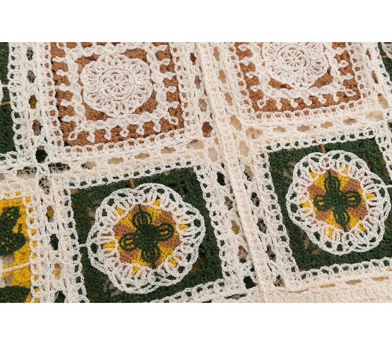 Vecmāmiņas kvadrātveida tamborēta augšdaļa ar pogām priekšpusē ar īsām piedurknēm polo apkakle, caurspīdīga, atvērta adīta Crop jaciņa sieviešu pusaudzes boho vintage apģērbs