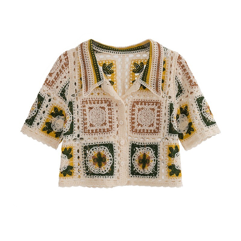 Vecmāmiņas kvadrātveida tamborēta augšdaļa ar pogām priekšpusē ar īsām piedurknēm polo apkakle, caurspīdīga, atvērta adīta Crop jaciņa sieviešu pusaudzes boho vintage apģērbs