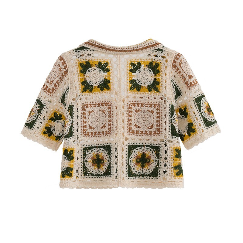 Vecmāmiņas kvadrātveida tamborēta augšdaļa ar pogām priekšpusē ar īsām piedurknēm polo apkakle, caurspīdīga, atvērta adīta Crop jaciņa sieviešu pusaudzes boho vintage apģērbs