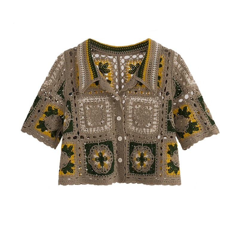 Vecmāmiņas kvadrātveida tamborēta augšdaļa ar pogām priekšpusē ar īsām piedurknēm polo apkakle, caurspīdīga, atvērta adīta Crop jaciņa sieviešu pusaudzes boho vintage apģērbs