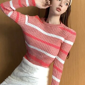 Elegantna prugasta rebrasta skraćena pletena majica dugih rukava za žene, jesen, vintage idle stil, pulover u trendu