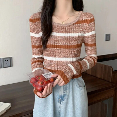 Elegantna prugasta rebrasta skraćena pletena majica dugih rukava za žene, jesen, vintage idle stil, pulover u trendu