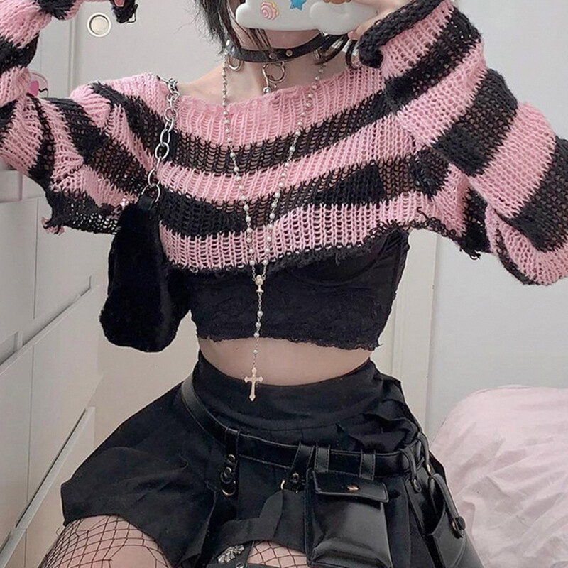 Rockmore Pink Crop Smock Top Y2K estetski slatki pleteni pulover dugih rukava za žene, pulover Vintage odjeća