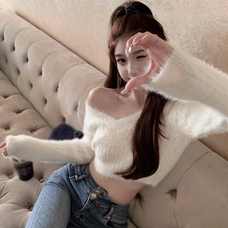 Γυναικείο σέξι V λαιμόκοψη μακρυμάνικο πουλόβερ κορεατικού στυλ μονόχρωμο Cropped τοπ φθινόπωρο/άνοιξη casual πλεκτό πουλόβερ