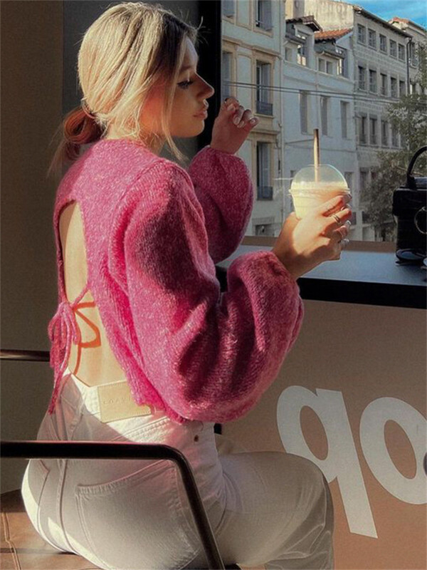 KLALIEN Γυναικεία Πλεκτά Πλεκτά Πλεκτά Πλεκτά Πλεκτά Φθινοπωρινά 2023 Πλεκτά πουλόβερ με μακρυμάνικο κορδόνι μεγάλου μεγέθους