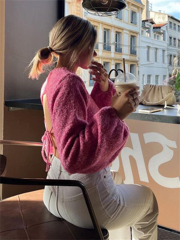 KLALIEN Γυναικεία Πλεκτά Πλεκτά Πλεκτά Πλεκτά Πλεκτά Φθινοπωρινά 2023 Πλεκτά πουλόβερ με μακρυμάνικο κορδόνι μεγάλου μεγέθους