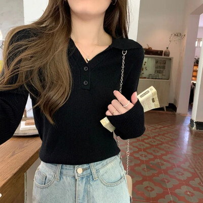 Pulover de damă, toamnă iarnă 2023, nou tricotat, cu guler polo, cu mânecă lungă, strat de bază, cu nasturi, top decupat pentru studenți