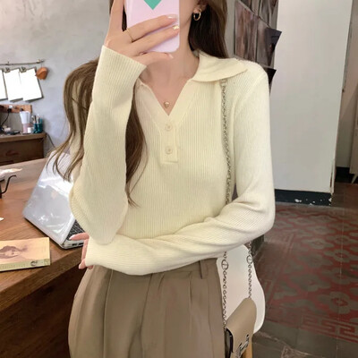 Pulover de damă, toamnă iarnă 2023, nou tricotat, cu guler polo, cu mânecă lungă, strat de bază, cu nasturi, top decupat pentru studenți