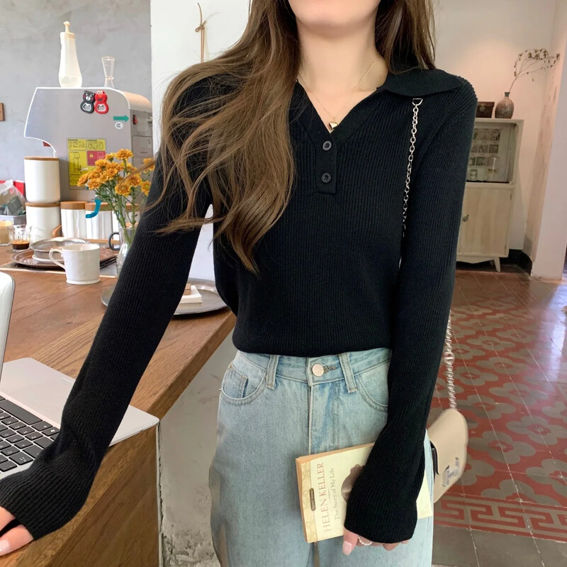Pulover de damă, toamnă iarnă 2023, nou tricotat, cu guler polo, cu mânecă lungă, strat de bază, cu nasturi, top decupat pentru studenți