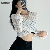 Karram Sexy See Through Cropped Γυναικεία πουλόβερ με λαιμόκοψη V σταυρωτό πουλόβερ Ημιδιαφανές Crop Tops με κομψή σχεδίαση