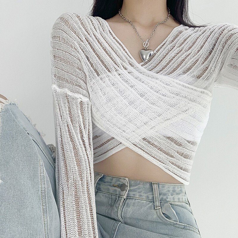 Karram Sexy See Through Cropped Γυναικεία πουλόβερ με λαιμόκοψη V σταυρωτό πουλόβερ Ημιδιαφανές Crop Tops με κομψή σχεδίαση