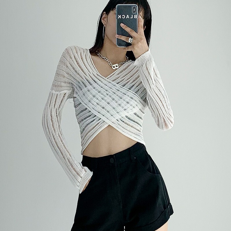 Karram Sexy See Through Cropped Γυναικεία πουλόβερ με λαιμόκοψη V σταυρωτό πουλόβερ Ημιδιαφανές Crop Tops με κομψή σχεδίαση