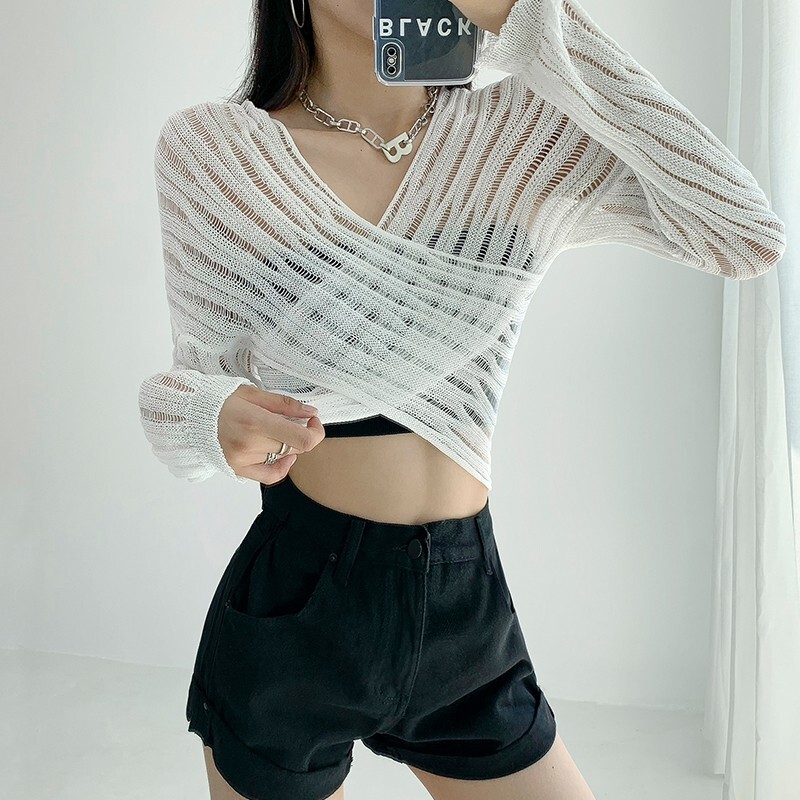 Karram Sexy See Through Cropped Γυναικεία πουλόβερ με λαιμόκοψη V σταυρωτό πουλόβερ Ημιδιαφανές Crop Tops με κομψή σχεδίαση