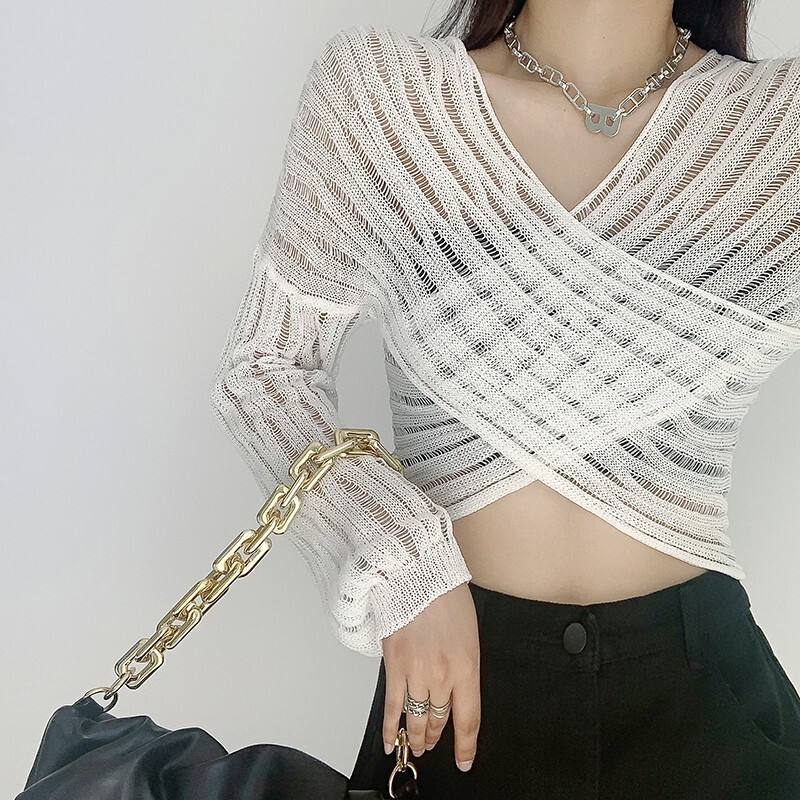 Karram Sexy See Through Cropped Γυναικεία πουλόβερ με λαιμόκοψη V σταυρωτό πουλόβερ Ημιδιαφανές Crop Tops με κομψή σχεδίαση