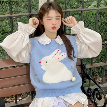 Sweet Lolita Плетен пуловер Жилетка Жени Kawaii Bunny Print Flower Princess Crop Tops Y2k Aesthetics Knitwear Coat Cute Clothes