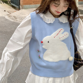 Sweet Lolita Плетен пуловер Жилетка Жени Kawaii Bunny Print Flower Princess Crop Tops Y2k Aesthetics Knitwear Coat Cute Clothes