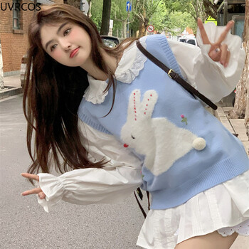 Sweet Lolita Плетен пуловер Жилетка Жени Kawaii Bunny Print Flower Princess Crop Tops Y2k Aesthetics Knitwear Coat Cute Clothes