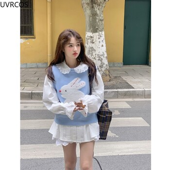 Sweet Lolita Плетен пуловер Жилетка Жени Kawaii Bunny Print Flower Princess Crop Tops Y2k Aesthetics Knitwear Coat Cute Clothes