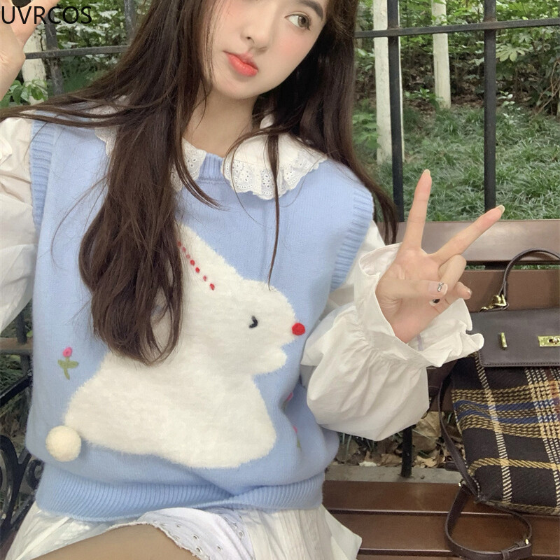 Sweet Lolita Trikotāžas džemperis Veste Sieviešu Kawaii Bunny Print Flower Princess Crop Tops Y2k Estētika Trikotāžas Mētelis Mīlīgs apģērbs