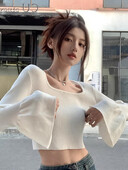 Négyzet alakú gallérral, ujjú, kötött pulóverek tömör kötéssel, masnival alsó pulóverek, vékony Y2k esztétikus, alkalmi, vágásos felső