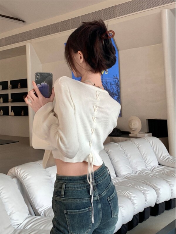 Négyzet alakú gallérral, ujjú, kötött pulóverek tömör kötéssel, masnival alsó pulóverek, vékony Y2k esztétikus, alkalmi, vágásos felső