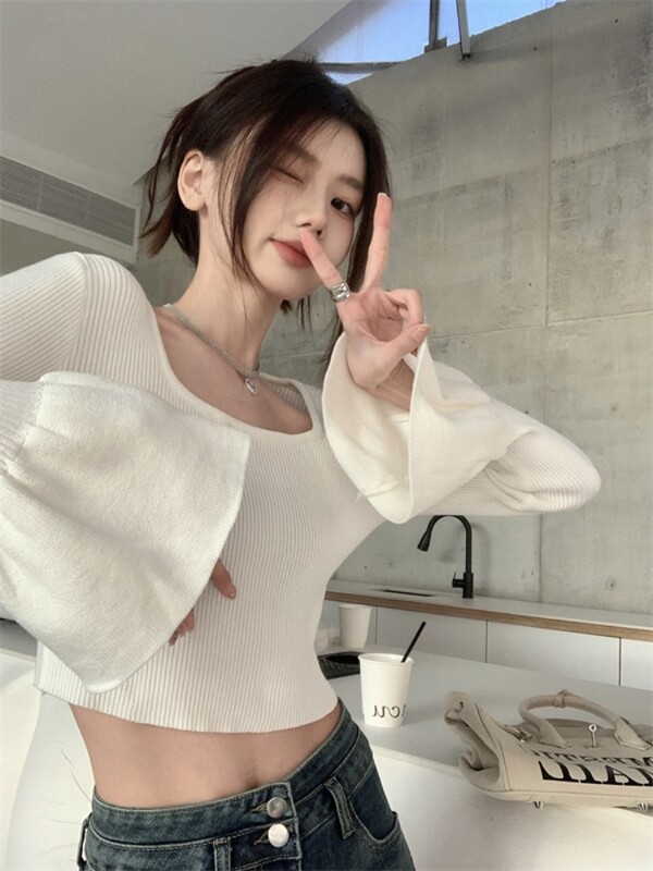 Négyzet alakú gallérral, ujjú, kötött pulóverek tömör kötéssel, masnival alsó pulóverek, vékony Y2k esztétikus, alkalmi, vágásos felső