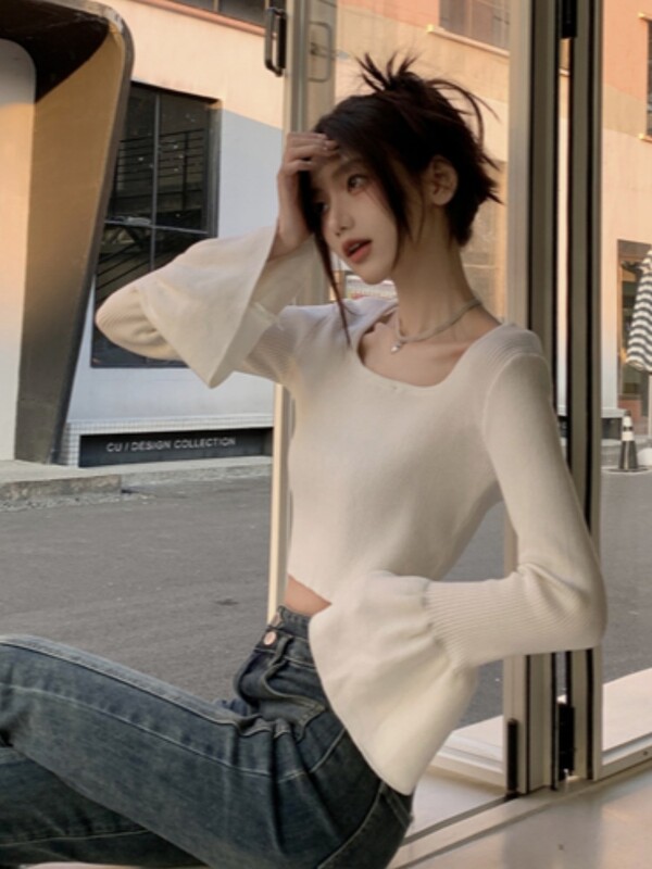 Négyzet alakú gallérral, ujjú, kötött pulóverek tömör kötéssel, masnival alsó pulóverek, vékony Y2k esztétikus, alkalmi, vágásos felső